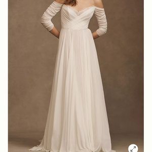 Anthro WTOO BY WATTERS MILES V-NECK RUCHED-SLEEVE MESH WEDDING GOWN size 10